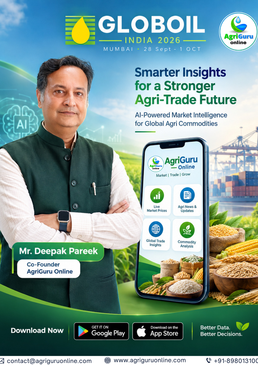 Mr. Deepak Pareek, Co-Founder of AgriGuru Online, speaking on AI and edible oils at Globoil 2026 in Mumbai.