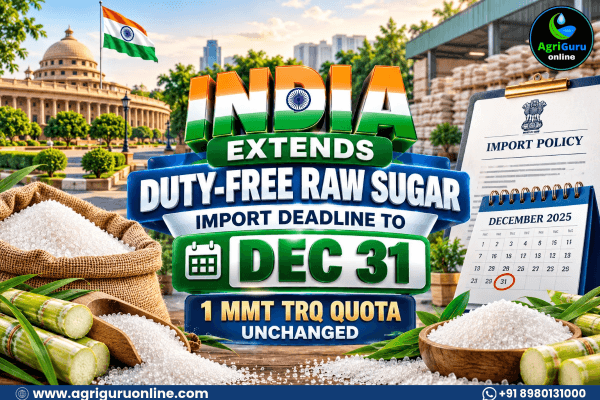 India Extends Duty-Free Raw Sugar Import Deadline to Dec 31, 1 MMT TRQ Quota Unchanged